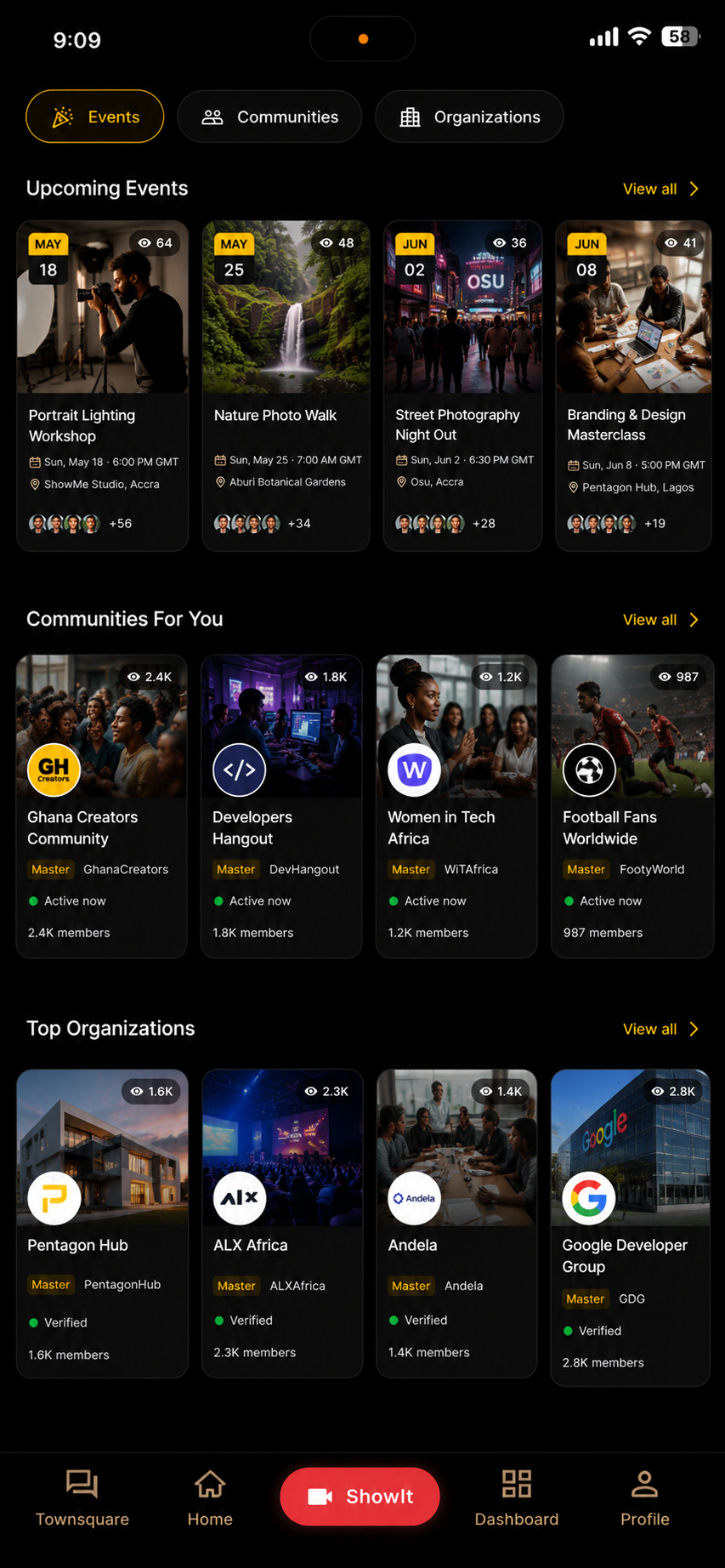 Explore categories showing Events, Communities, and Businesses rows with upcoming events, communities for you, and top businesses