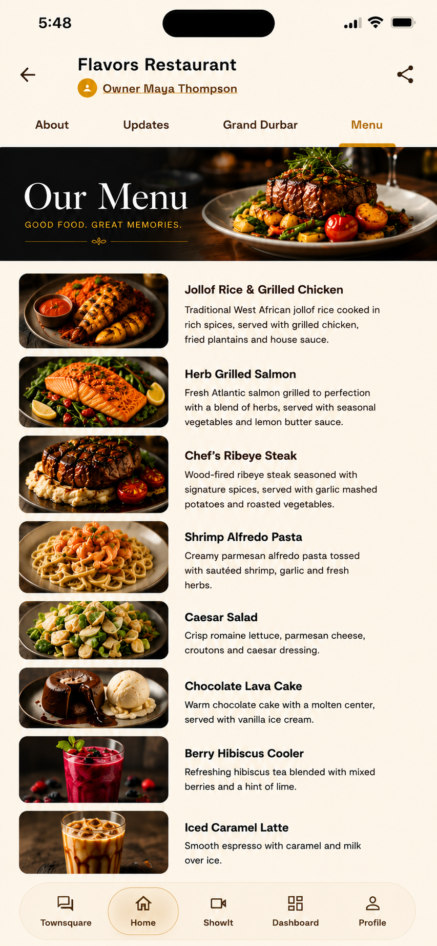 Full ShowMe screenshot of the Flavors Restaurant menu inside a ShowMe Compound