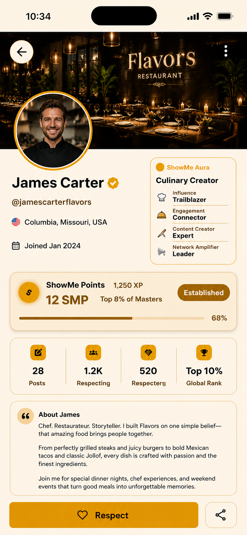 Full ShowMe screenshot of a Flavors restaurant creator profile with reputation, stats, and trust signals