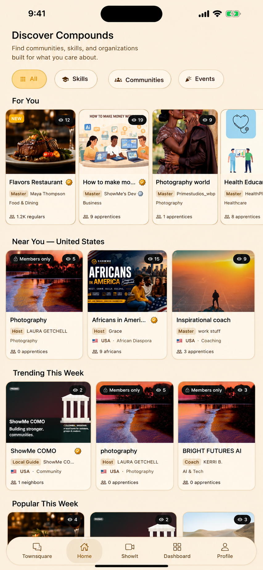 Full ShowMe screenshot of the Discover page showing Flavors Restaurant among compounds people can join