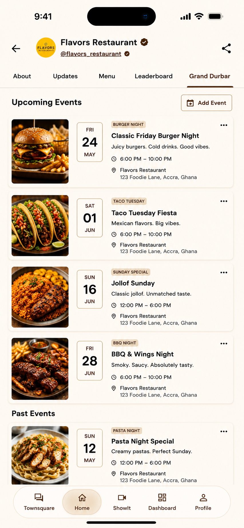 Full ShowMe screenshot of the Flavors Restaurant events list with upcoming themed nights and special dinners