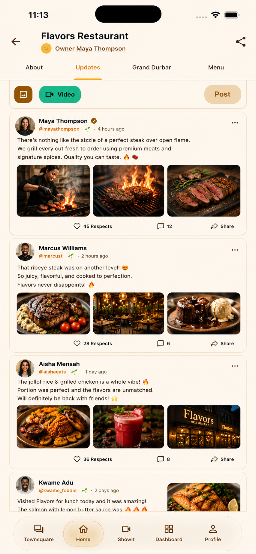 Full ShowMe screenshot of the Flavors Restaurant events tab with upcoming themed nights and special events