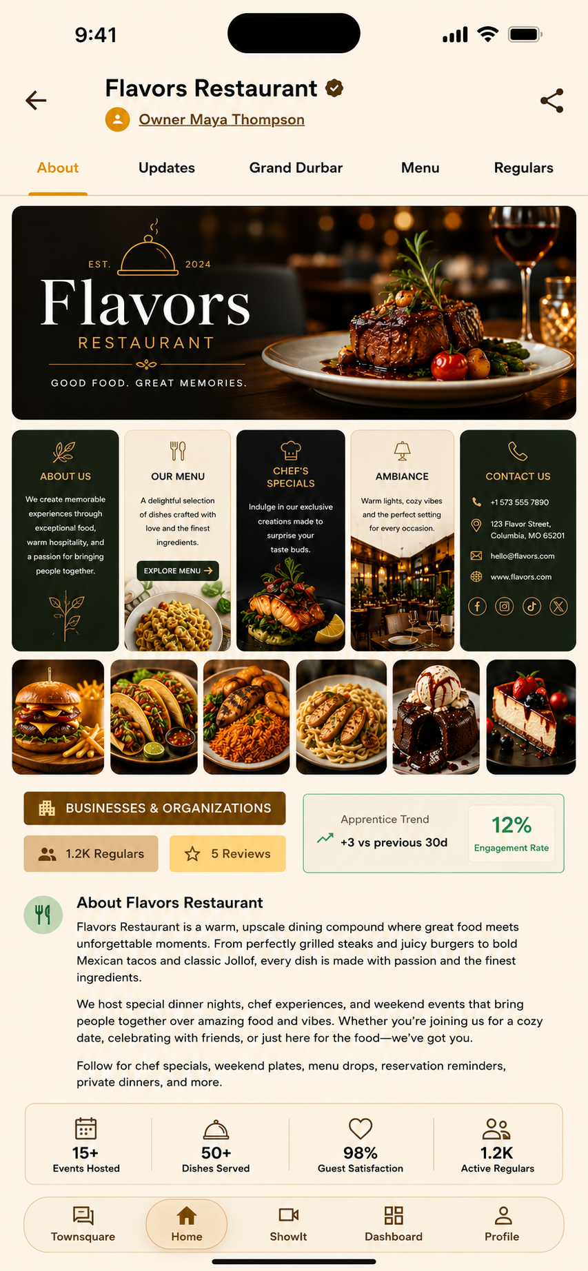 Full ShowMe screenshot of the Flavors Restaurant compound overview page
