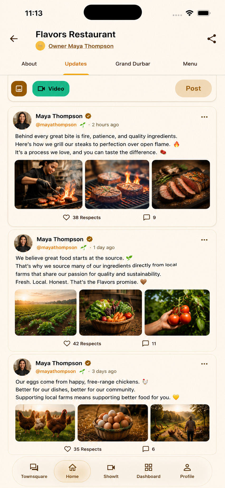 Full ShowMe screenshot of the Flavors Restaurant updates feed showing behind-the-scenes cooking and sourcing posts