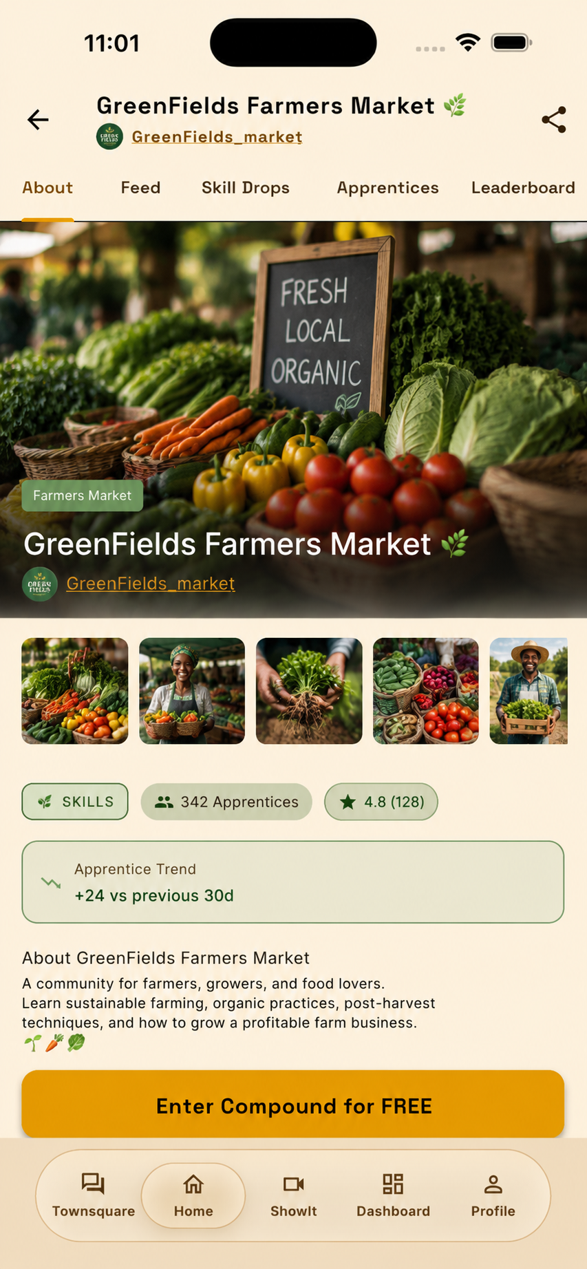 Full ShowMe screenshot of the GreenFields Farmers Market compound overview page