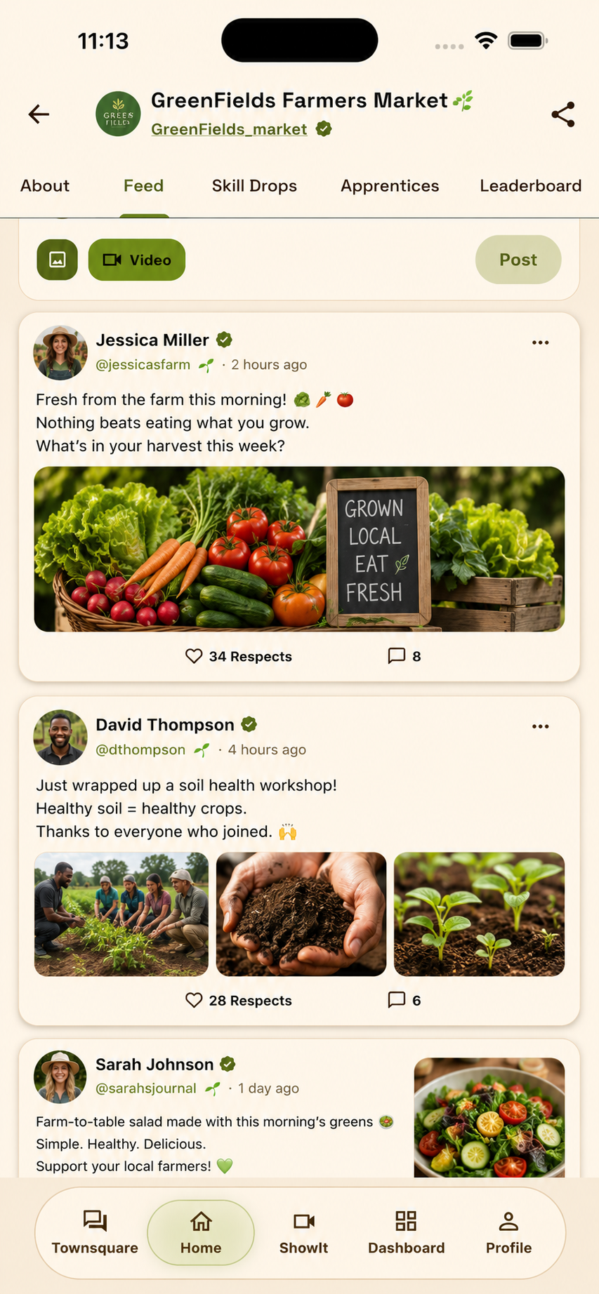 Full ShowMe screenshot of the GreenFields Farmers Market feed with members posting updates