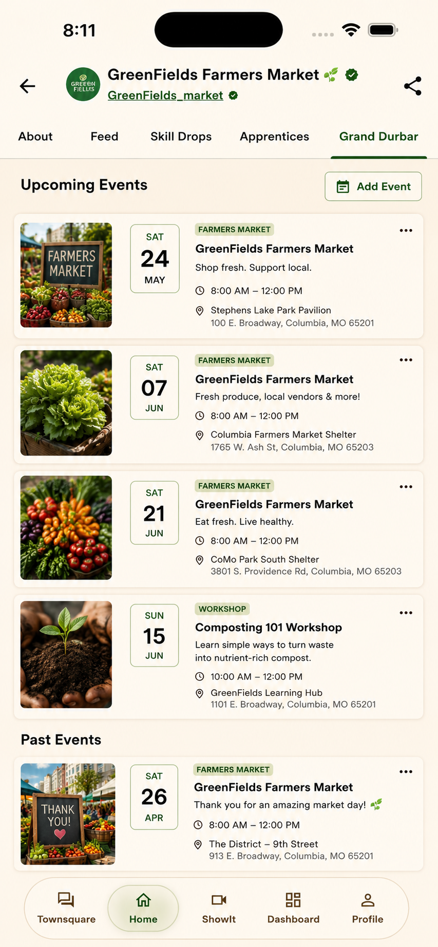 Full ShowMe screenshot of the GreenFields Farmers Market events tab with upcoming and past events